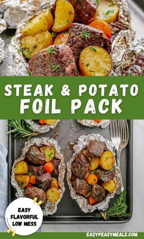 Tender chunks of juicy steak with a buttery garlicky flavor, cooked with delicious potatoes and carrots. These are all cooked to perfection with herbs and spices inside a foil packet. Did I mention you can make these in the oven or on a grill? The perfect dinner the whole family will love, and perfect no matter the time of the year. Steak And Potato Foil Pack, Steak Foil Packets, Hobo Dinner Recipes, Easy Steak Dinner, Tin Foil Dinners, Sirloin Steak Recipes, Foil Packet Potatoes, Foil Pack Dinners, Foil Packet Dinners