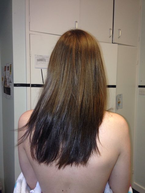 Splash Lights Hair, Brown Hair Black Ends, Ombre Hair Reverse, Brown Hair With Black Ends, Brown Hair Black Tips, Dark Ends Hair, Light Roots To Dark Ends, Black To Brown Ombre Hair, Ghost Roots