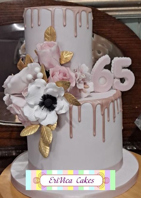 2 Tier 65th Birthday Drip Cake with Sugar Flowers 2 Tier Drip Cake, 65th Birthday Cake, 65 Birthday Cake, Birthday Drip Cake, 65th Birthday, Drip Cake, Drip Cakes, Sugar Flowers, No Cook Meals