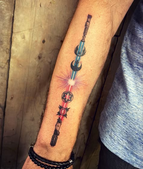 Lightsaber Tattoos, Sith Tattoo, Tattoos Pulseras, Star Wars Tattoo Sleeve, Lightsaber Tattoo, Planet Tattoo, Pokemon Tattoos, Pokemon World, Nerdy Tattoos