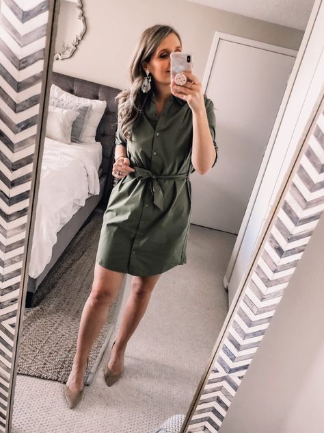 OOTD 4.1.19: $18 Green Shirt Dress | Visions of Vogue Green Shirt Dress Outfit, Olive Green Shirt Outfit, Shirt Dress Outfit Summer, Olive Green Shirt Dress, Military Style Dress, Green Dress Outfit, White Statement Earrings, Dark Blue Blazer, Olive Green Shirt