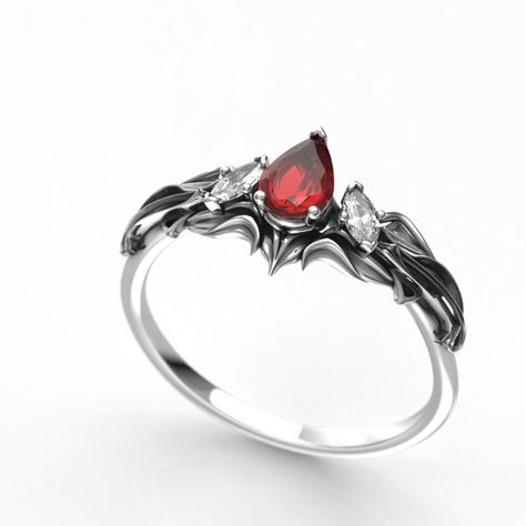 Engagement Ring Goth, Wedding Bands For Halo Rings, Ruby Engagement Ring Silver, Dark Wedding Rings, Goth Engagement Rings, Ruby Ring Engagement, Elvish Ring, Elf Ring, Unique Wedding Band Sets