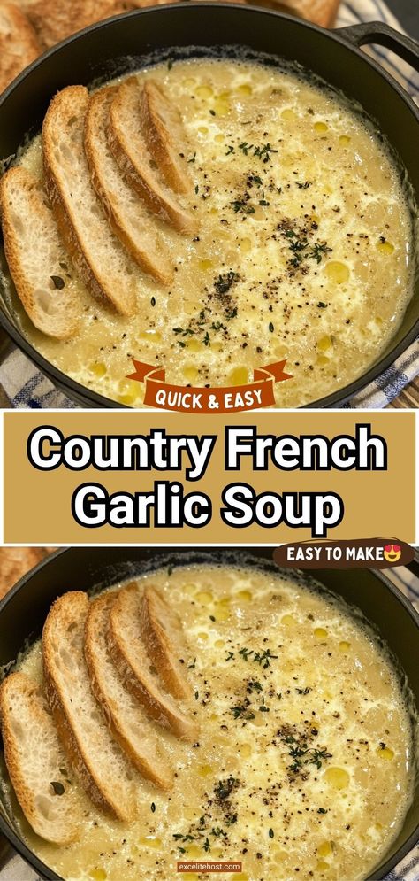 If you’re a fan of bold, aromatic flavors, this Country French Garlic Soup is the perfect dish for you. Infused with the natural sweetness of garlic and balanced by creamy, velvety textures, this soup is a comforting nod to rustic French cooking. It’s an ideal dish for cold evenings, special gatherings, or whenever you crave a bowl of something rich and satisfying. Creamy Garlic Soup Recipe, Food With Garlic, Country French Garlic Soup Recipe, Creamy Garlic Soup, French Garlic Soup, Country French Garlic Soup, Egg Soup Recipe, Garlic Soup Recipe, Toasted Baguette Slices