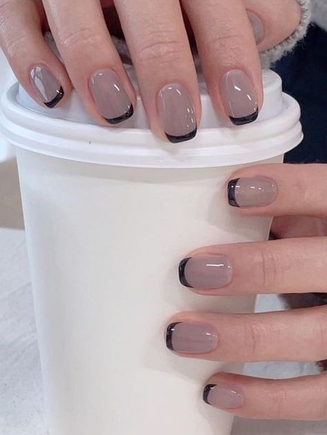 Nails 2024 Tan Nails With Black Tips, Dark French Manicure, Dark Tip French Manicure, Fun Basic Nails, Tuxedo French Tip Nails, Triangle French Tip Nails Short, Black And Tan Nail Ideas, Short Nails Black French Tip, Korean French Nails