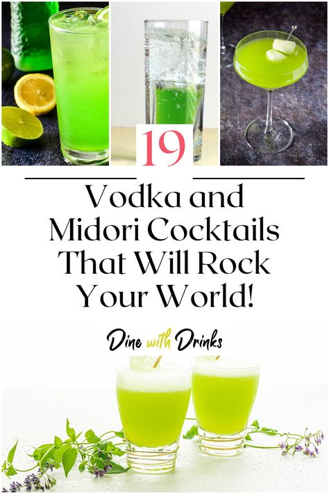 Collage of 4 vodka and midori cocktails. Cocktails With Midori, Midori Drinks Recipes, Midori Shots, Midori Cocktails Recipes, Drinks With Midori, Midori Recipes, Bartender Ideas, Midori Sour Recipe, Japanese Vodka