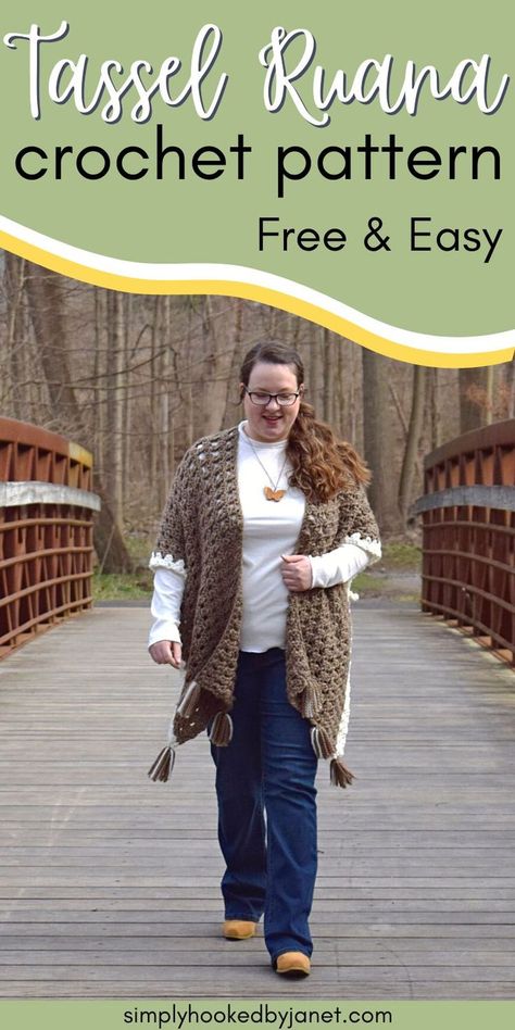 woman walking wearing a brown crochet ruana Simple Crochet Cardigan, Crochet Ruana Pattern, Chunky Wool Crochet, Shawl Tassel, Easy Crochet Shawl Pattern, Crochet Ruana, Ruana Pattern, Tassel Crochet, Crochet Shaw