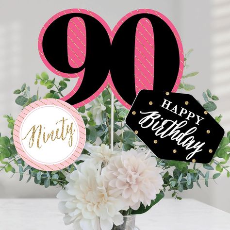 Chic 90th Birthday - Pink, Black and Gold Centerpiece Sticks Includes 15 Chic Birthday - Pink, Black and Gold Table Toppers in 3 Shapes It is set. Easy to assemble with 15 wooden sticks and stickers. Ninetieth birthday party table decorations are perfect for birthday parties. Chic 90th Birthday - Pink, Black and Gold Party Centerpiece Sticks. 5 table toppers of size 90, 10.75" wide x 7.75" high. 5 circle table toppers, 5.5" wide x 5.5" high. 5 Happy Birthday table toppers, 7" wide x 5.25" high. Black And Gold Centerpiece, 30th Birthday Table Decor, Black And Gold Centerpieces, Black And Gold Table, Gold Centerpiece, Birthday Party Table Decorations, Birthday Party Table, Birthday Table Decorations, Gold Centerpieces