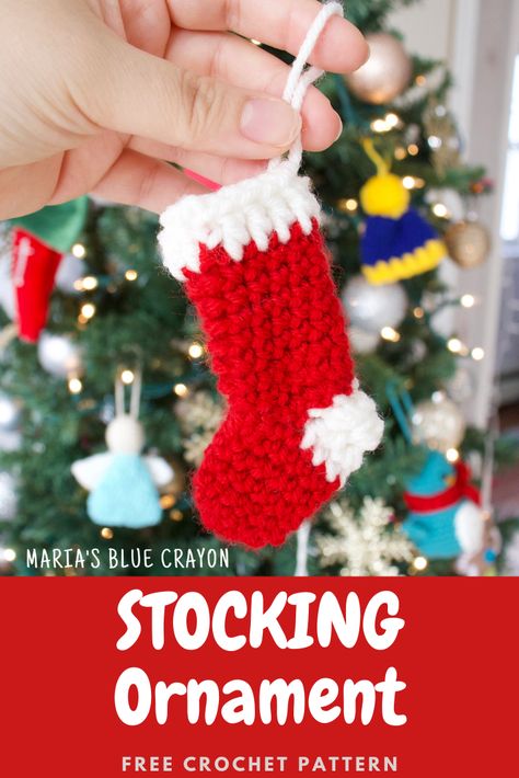 Make these quick little stockings as an ornament, garland, or gift tags! Free crochet pattern on Maria's Blue Crayon blog. Stocking Crochet, Ornament Crochet, Crochet Ornament Patterns, Blue Crayon, Crochet Stocking, Crochet Hanging, Christmas Stocking Ornament, Baby Christmas Ornaments, Crochet Cup Cozy