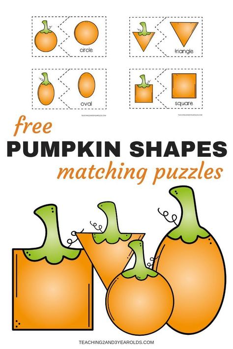 Free pumpkin shape puzzle printables for toddlers and preschoolers - perfect for fall during your pumpkin theme or Halloween! #pumpkins #shapes #fall #preschool #toddlers #classroom #homeschool #printables #teaching2and3yearolds Pumpkin Activities Preschool, Pumpkin Crafts Preschool, Halloween Theme Preschool, Pumpkin Lessons, Pumpkin Shapes, Pumpkins Preschool, Pumpkin Math, Shape Puzzle, Classroom Homeschool