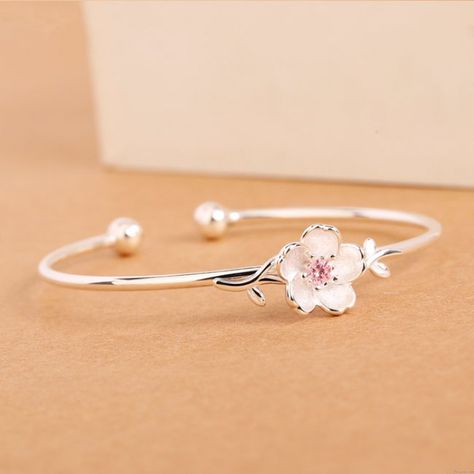 Cute Valentine's Day Present Women Flower Open Bracelet Leaves Cherry Silver Bracelet Jewelry Designs Ideas, Silver Bracelet Designs, قلادات متدلية, Open Bracelet, Bracelets Silver, Silver Bracelets For Women, Bracelets Design, Women Flower, Fancy Jewellery