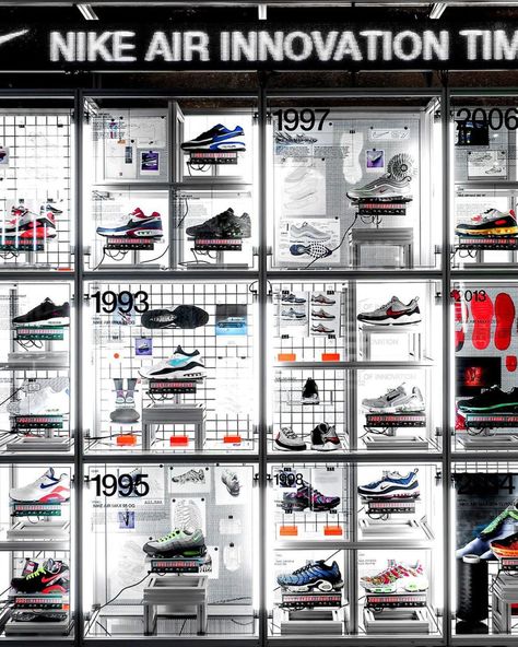 METCHA | Nike's innovation timeline created by Hotel Creative Timeline Display, Nike Office, Nike Event, Nike Retail, Bike Store, Office Layout, Logo Wall, Exhibition Display, Design Shoes