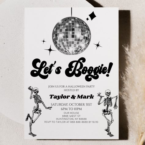 Let's Boogie! Disco Ball Skeletons Halloween Party Invitation Unique Halloween Themes, Spooky Disco Party, Halloween 50th Birthday Party, Winter Disco Party, 70s Halloween Party, Halloween Party 2024, Adult Halloween Party Themes, Silent Disco Party Ideas, Halloween Disco Party