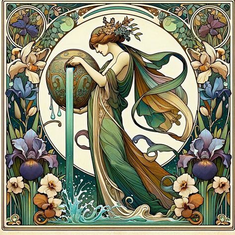 Aquarius Art Nouveau, Art Nouveau Astrology, Art Nouveau Outfit, Zodiac Aquarius Art, Aquarius Illustration, Aquarius Zodiac Art, Astrology Artwork, Nouveau Illustration, Aquarius Art