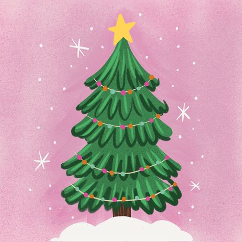 Illustration Christmas Tree, Cute Christmas Tree Illustration, Christmas Trees Illustration, Cute Christmas Illustration Art, Procreate Christmas Illustration, Christmas Prints Art, Procreate Christmas Drawing, Christmas Scene Illustration, Christmas Animation Illustration