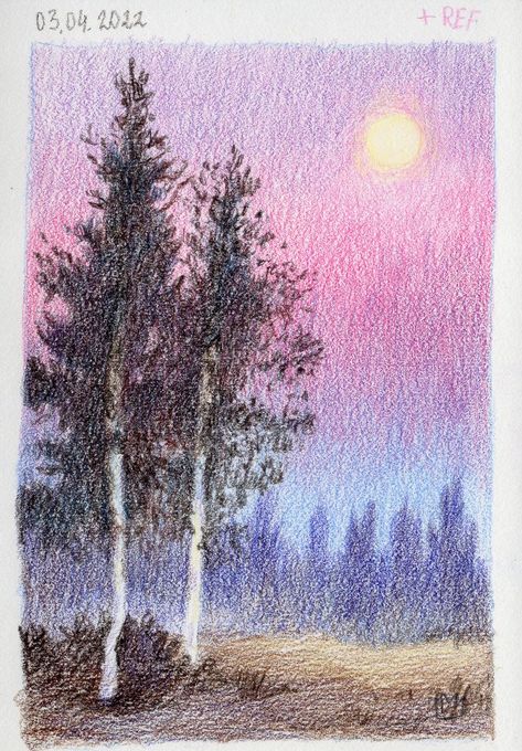 Colour Pencil Art Landscapes, Colored Pencil Art Projects, Color Pencil Sketch, Color Pencil Illustration, Colored Pencil Artwork, Two Trees, Colored Pencil Techniques, Colored Pencil Drawing, Arte Sketchbook