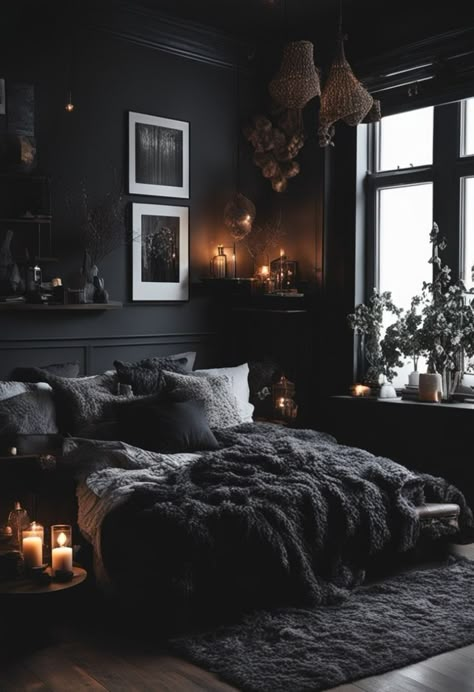 Cozy Black Bedroom Aesthetic, Black Cozy Room, Dark Moody Romantic Bedroom, Soft Goth Decor, Moody Black Bedroom, Gothic Aesthetic Bedroom, Black Cozy Bedroom, Cozy Goth Bedroom, Moody Cozy Bedroom