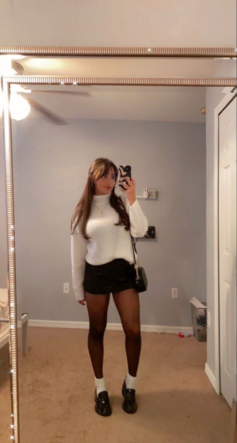 Stockings And Socks Outfit, Shoes That Go With Mini Skirts, Black Mini Skirt Outfit Sweater, Black Skirt Outfit Winter Tights, Mini Dress With Sweater Over It, How To Style Mini Skirts With Tights, Chunky Sweater And Mini Skirt Outfit, Sweater Skirt And Tights Outfit, Winter Skirt With Tights