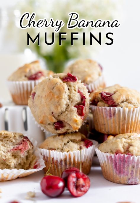 Cherry Banana Muffins - Simple and Seasonal Banana Cherry Bread, Banana Cherry Muffins, Cherry Muffins Recipes, Dried Cherry Muffins, Cherry Bread Recipe, Cherry Muffin, Banana Yogurt Muffins, Toddler Muffins, Cherry Bread