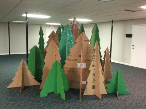 Cardboard christmas trees                                                                                                                                                                                 More Cardboard Trees, Classroom Camping, Cardboard Tree, Christmas Parade Floats, Camping Classroom, Cardboard Christmas, Camping Theme Classroom, Experiential Design, Indoor Camping