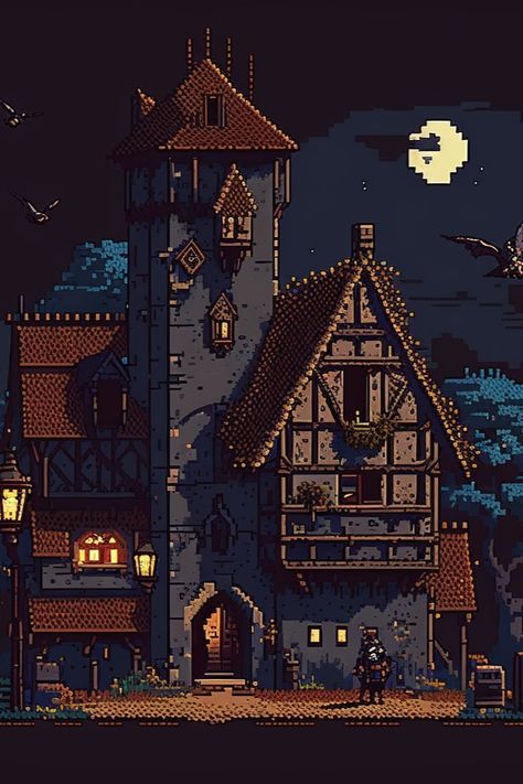 An 8-bit painting of a medieval tower in the middle of the night Medieval Video Game, 1 Bit Art, Fantasy Pixel Art Wallpaper, Digital Pixel Art, Pixel Fantasy Art, Retro Games Art, Dark Fantasy Pixel Art, Pixel Art Town, Medieval Pixel Art