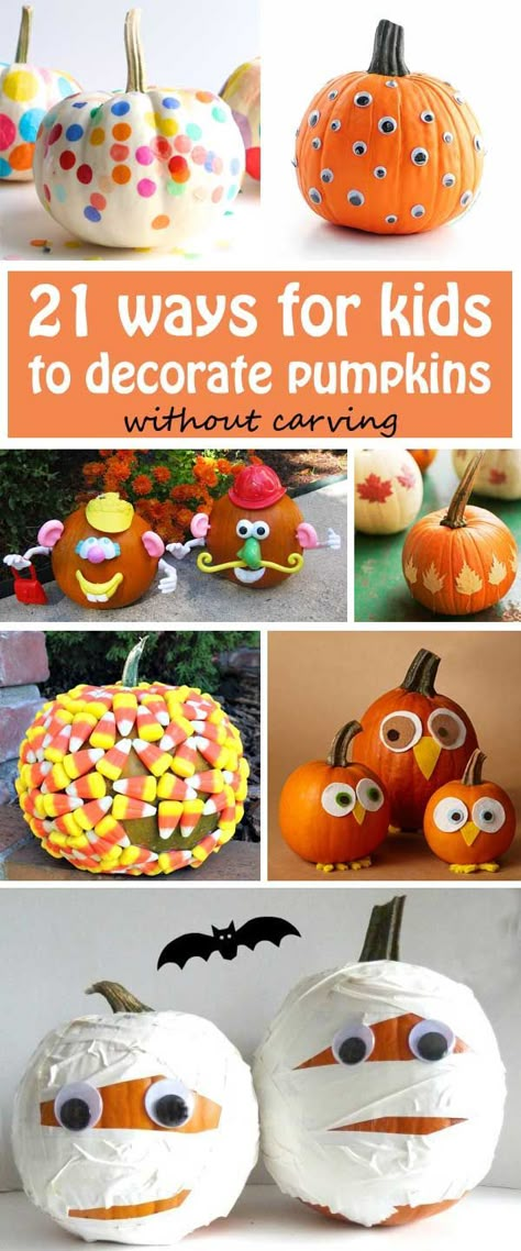 21 ways for kids to decorate pumpkins without carving: use leaves, confetti… Decorate Pumpkins Without Carving, Leaves Confetti, No Carve Pumpkin Ideas, Pumpkins Decorated, Pumpkin Ideas For Kids, Veselý Halloween, Decorate Pumpkins, Felt Candy, No Carve Pumpkin