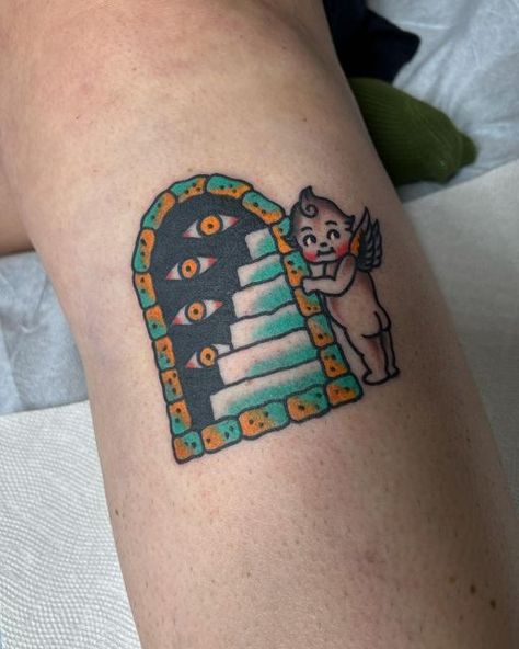 Traditional Portal Tattoo Flash, Traditional Portal Tattoo, F Hole Tattoo, Portal Tattoo Ideas, Portals Tattoo, Portal Tattoos, Doorway Tattoo, Portal Tattoo, Bold Tattoo