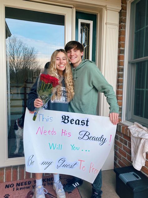 Stitch Hoco Proposal, Beauty And The Beast Hoco Proposals, Beauty And The Beast Promposal, Hoco Boards, Best Prom Proposals, Dance Signs, Hoco Posters, Hoco Signs, Cute Hoco Proposals