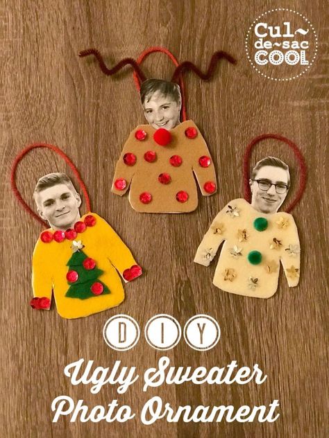 DIY Ugly Sweater Photo Ornament | Diy Ugly Sweater, Diy Photo Ornaments, Ugly Christmas Sweater Ornament, Ornaments Diy Kids, Christmas Humor Ecards, Ugly Sweater Diy, Diy Ugly Christmas Sweater, Diy Ornament, Photo Christmas Ornaments