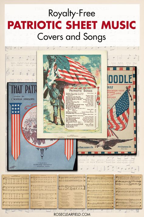 A collection of copyright-free vintage patriotic sheet music covers and songs. Great for 4th of July song books, wall art, and craft projects! #royaltyfree #patriotic #vintagesheetmusic #printablesheetmusic Patriotic Printables Free, Patriotic Diy Crafts, 4th Of July Songs, 4th Of July Home Decor, Cookout Ideas, July Home Decor, Community House, Sheet Music Crafts, Patriotic Cards