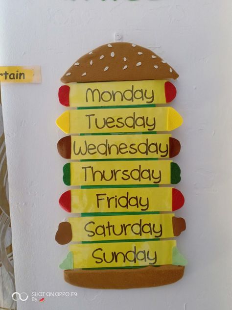 Alphabet Board Ideas Classroom, Days Of Week Chart Preschool, Days Of The Week Classroom Decoration, Days Of The Week Chart Classroom Decor, Peraturan Kelas, Flower Crafts Kids, School Art Activities, School Board Decoration, Kindergarten Classroom Decor