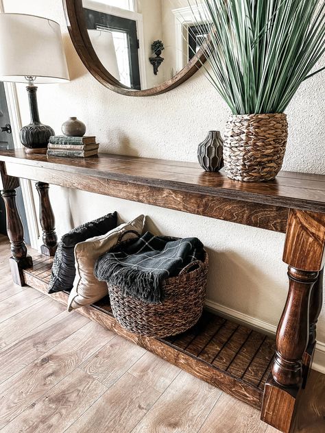 Add an elegant, yet distinctively rustic touch to your home with this farmhouse-style Large Entry Table console. Crafted with durable solid knotty pine, its baluster legs and plank-style shelf and tabletop provide sturdy and stylish storage and display space. Perfect for your entryway, living room, or as a sofa table. An eye-catching finishing touch to your home decor. ** Visit directly on our own website at www.thelovemadehome.com ** we offer matching sets to make it easier to shop! Here is what you need to know about this listing to get started: Entry/Console/Sofa Table Style: Rectangle, Stained, Distressed Leg: Round/Baluster Leg Finish Fully Stained and poly coated Length 72 inch Width: 15 in. Height: 33 in. *Dimensions are approximations  All of our stained pieces are given a clear co Tv Stand And End Tables, Stacking Books, Wall Stove, Stylish Entryway, Seasonal Decor Fall, Console Table Sofa, Pet Decor, Laundry Hampers, Storing Blankets