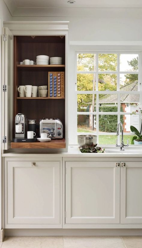 25 Coffee Station Ideas Any Barista Will Love | Displate Blog Coffee Cabinet, Built In Coffee Maker, Coin Café, Coffee Station Kitchen, Clean Kitchen Cabinets, Kabinet Dapur, Coffee Bars In Kitchen, Coffee Nook, Home Coffee Bar