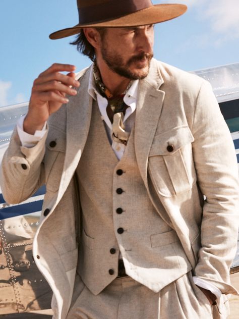 An iconic finishing touch to tailored tradition, this suit vest blends two of our favorite fibers: a luxurious linen mingles with sumptuously soft cotton to create beautiful Herringbone texture ideal for every season.  TAILORED SLIM FIT: Undeniably m Therapist Fashion, Cuban Outfit, Desert Stars, Mens Linen Suit, Linen Suits For Men, Kentucky Derby Outfit, Caribbean Outfits, Interesting Clothing, Western Suit