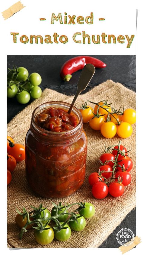 Mixed Tomato Chutney with a chilli kick. An utterly delicious way to preserve ripe and green cherry tomatoes! Ingredients include red chilli, sultanas, muscovado sugar plus red & white wine vinegar! #tomatochutney #tomatochutneyrecipes #tomatochutneyrecipeshomemade #tomatochutneyrecipessimple #mixedtomatochutney #greentomatorecipes #greentomatochutney Green Cherry Tomatoes, Green Tomato Chutney Recipe, Chilli Chutney Recipes, Indian Chutney Recipes, Tomato Chutney Recipe, Preserving Tomatoes, Green Tomato Recipes, Cherry Tomato Recipes, Tomato Relish