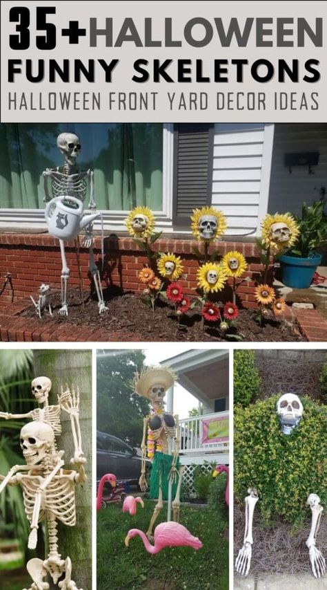 30+ Funny Skeleton Front Yard Decor Ideas: The Perfect Halloween Display with Skulls and Bones 3 Halloween Ideas With Skeletons, Skeleton Lawn Decorations, Funny Yard Skeleton Ideas, Funny Skeleton Ideas For Halloween, Skeleton Outside Decor, Funny Skeleton Lawn Decorations, Fall Skeleton Decor, Skeleton In Yard Ideas, Skeleton Displays For Halloween Funny