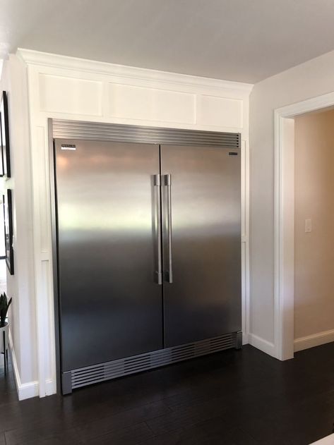 This stainless steal Double Frigidaire refrigerator is massive. This staple screams luxe in any kitchen and this is why it was added on a flip. These can be costly but the built-in aspect is great for buyers. #professionalrefrigerrator #kitchenrenovation #upgradeyourfridge #refrigerator #doublerefrigerator #sleekdesign #flippinghouses #HGTV #Househunters #makeyourhousebetter #loveyourhouse #stylishkitchendesign #largerefrigerator #neverenoughspace Double Refrigerators In Kitchen, Double Fridge Kitchen, Frigidaire Professional Refrigerator, Double Refrigerator, Built In Fridge Freezer, Fridge Design, Stylish Kitchen Design, Kitchen Aid Appliances, Large Refrigerator