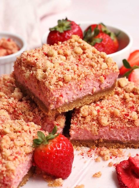 Strawberry Shortcake Cheesecake Bars - Scientifically Sweet Strawberry Crunch Cheesecake Bars, Cheesecake Bars Recipes, Good Humor Strawberry Shortcake, Fresh Strawberry Shortcake, Strawberry Shortcake Cheesecake Bars, Strawberry Shortcake Ice Cream Bars, Cherry Cheesecake Bars, Baking Bars, Award Winning Desserts