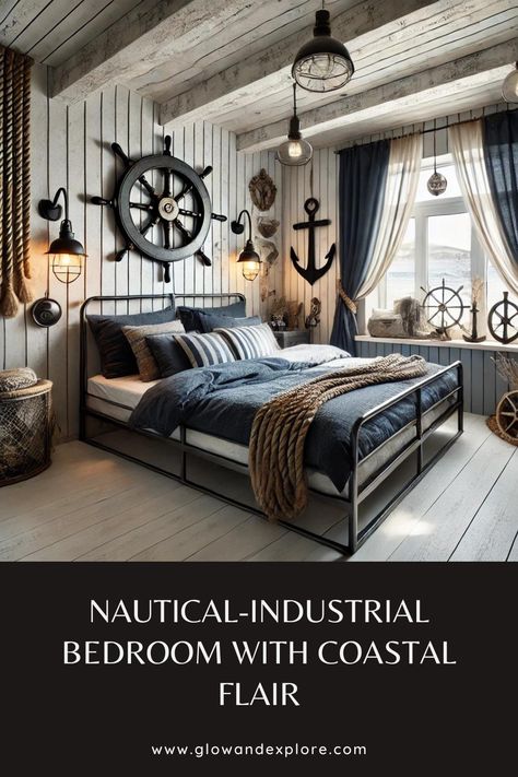 This beach cottage bedroom mixes nautical vibes with industrial touches. The metal-framed bed, dark blue bedding, and maritime decor give it a cozy yet rugged feel, perfect for anyone who loves coastal living with a bit of edge. ⚓ #ModernCoastalDecor #NauticalStyle #CozyHome Dark Coastal Decor, Nautical Bedroom Master, Nautical Farmhouse Decor, Nautical Bedroom Ideas, Dark Blue Bedding, Ship Bedroom, Coastal Beach Bedroom, Boys Nautical Bedroom, Framed Bed