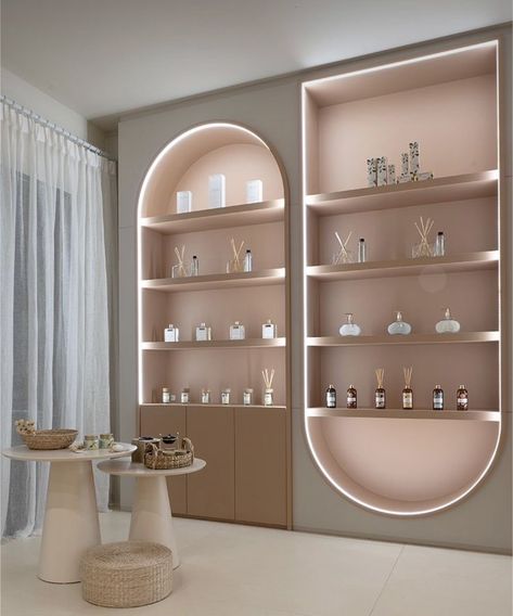 Spa Shelves Decor, Beauty Shops Interior, Make Up Shop Interior Design, Medspa Product Display, Make Up Salon Interior Design, Store Interior Design Boutiques, 2024 Salon Decor, Spa And Boutique, Esthetician Room Design