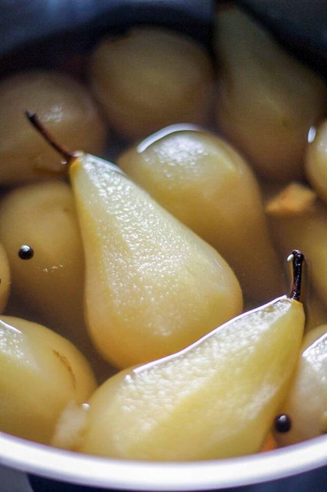 Cherry Sauce Recipe, Poached Pears Recipe, Classic French Desserts, Pear Dessert, Cherry Sauce, David Lebovitz, Delicious Veggies, Pear Salad, Poached Pears