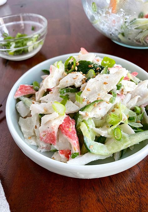 Korean Cucumber and Crab Stick Salad ⋆ Seasoned by Jin Crab Stick Recipe Ideas, Fried Pancakes, Vegetable Pancake, Korean Salad, Korean Vegetables, Korean Cucumber, Crispy Recipes, Crab Salad Recipe, Vegetable Pancakes