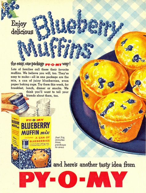 Remember the horse of the same name from "The Sopranos?" Blueberry Chocolate Chip Muffins, Plain Muffins, Blueberry Muffin Mix, Vintage Food Posters, Chocolate Blueberry, Blueberry Chocolate, Retro Food, Filled Muffins, Seni Vintage