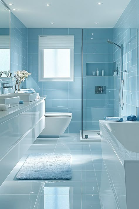 Sky Blue Tiles Bathroom, Blue Tiles For Bathroom, Coastal Beach Bathroom, Home Flooring Ideas Tile, Small Bathroom Blue Tile, Modern Bathroom Wall Tiles Design, Bloxburg Challenges, Blue Tile Floor Bathroom, Light Blue Contrast Color