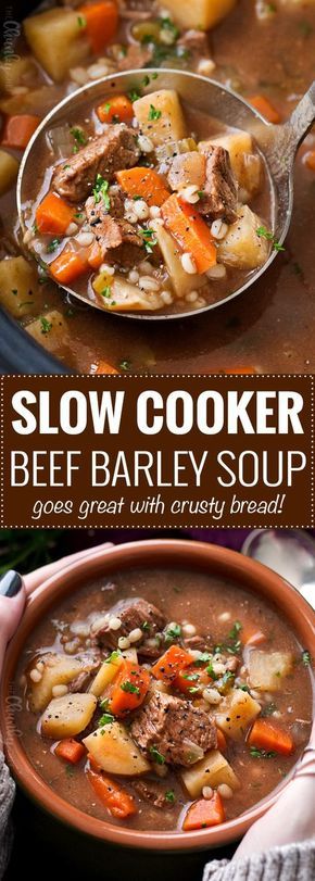 Slow Cooker Beef Barley Soup | Hearty and positively soul-warming, this beef barley soup simmers all day in the slow cooker, which makes for an incredibly rich soup recipe! | The Chunky Chef | #beefbarley #soup #slowcooker #crockpot #comfortfood #barley #beefsoup Crockpot Beef Barley Soup, Slow Cooker Beef Barley Soup, Beef And Barley Soup, Beef And Barley, Soup Hearty, The Chunky Chef, Chunky Chef, Recipe Soup, Beef Barley