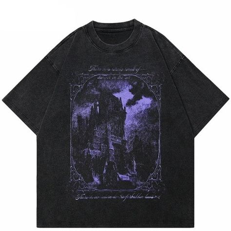 "Elevate your style with our Y2K Purple Graphic Horror Castle T-Shirt. Vintage-inspired design meets gothic flair, crafted from comfortable cotton broadcloth." SPECIFICATIONS Material: Cotton Collar: O-Neck Fabric Type: Broadcloth Pattern Type: Print Black And Purple Graphic Tee, Purple Shirt Design Ideas, Gothic Shirt Men, Horror Graphic Tees, Y2k Shirts Design, Aesthetic Tshirt Graphic Tees, Y2k Shirt Design, Horror Castle, Gothic T Shirt