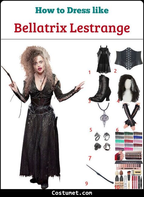 Bellatrix Lestrange (Harry Potter) Costume for Cosplay & Halloween 2022 Harry Potter Costume Bellatrix Lestrange, Harry Potter Villians Costume, Bellatricks Lestrange Costume, Voldemort And Bellatrix Costume, Bellatrix Lestrange Outfit Ideas, Belatrix Lastrenge Costume Diy, Diy Bellatrix Lestrange Costume, Beatrix Lestrange Costume, Tonks Harry Potter Costumes