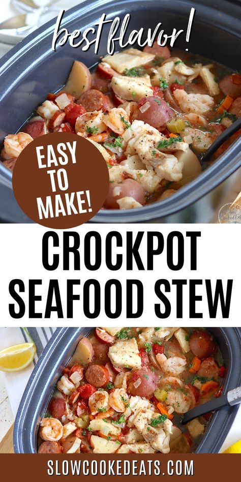 If you're looking for a flavorful and easy meal that will fill your kitchen with the enticing aromas of the sea, then this Slow Cooker Seafood Stew is the perfect crockpot meal idea. This seafood recipe combines tender cod, juicy shrimp, and delicious smoked sausage, all cooked together in a rich, flavorful broth. Crockpot Seafood Stew is sure to become a family favorite! Seafood Stew Crockpot, Slow Cooker Seafood, Crockpot Seafood, Seafood Stew Recipes, Slow Cooker Dinner Recipes, Crockpot Meal, Crockpot Stew, Juicy Shrimp, Seafood Recipe