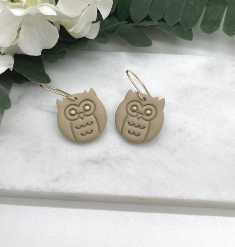 Earrings with Brown Polymer Clay Owls with Gold Eyes on 14k Gold Filled Earring Wires PCE-566 Polymer Clay Owls, Owl Clay Earrings, Owl With Clay, Owl Polymer Clay Earrings, Clay Owls, Polymer Clay Owl Mug, Clay Owl Necklace, Polymer Clay Owl, Clay Owl