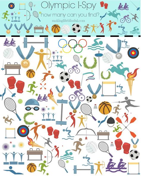 Making Life Blissful: 8 Easy Olympic Party Ideas for Kids and free printable Olympic I Spy Game! Olympics Preschool, Board Games Printable, I Spy Printable, Treat Making, Olympics Party, Olympic Idea, Kids Olympics, Olympic Crafts, Olympics Activities