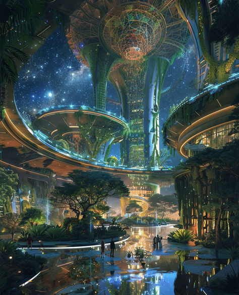 Step into a vision of the future where nature and technology coexist in harmony. This stunning concept art captures a futuristic dome city filled with lush plants, cascading water features, and floating gardens made of vines hanging from walls and ceilings. 💫🌃#FuturisticCity #ConceptArt #EcoDome #FantasyWorld #GreenArchitecture #SustainableFuture #FloatingGardens #NatureInTheCity #SciFiArt #UrbanOasis #VisionaryDesign #FantasyConceptArt # foryoupage #fyp #art Futuristic Town Concept Art, Futuristic Castle Concept Art, Fantasy Technology Concept Art, Floating City Fantasy Art, Floating City Concept Art, Fantasy Floating City, Futuristic Plants, Futuristic Technology Concept Art, Domed City